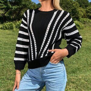 Black And White Casual Women's Striped Round Neck Hollow Out Sweater